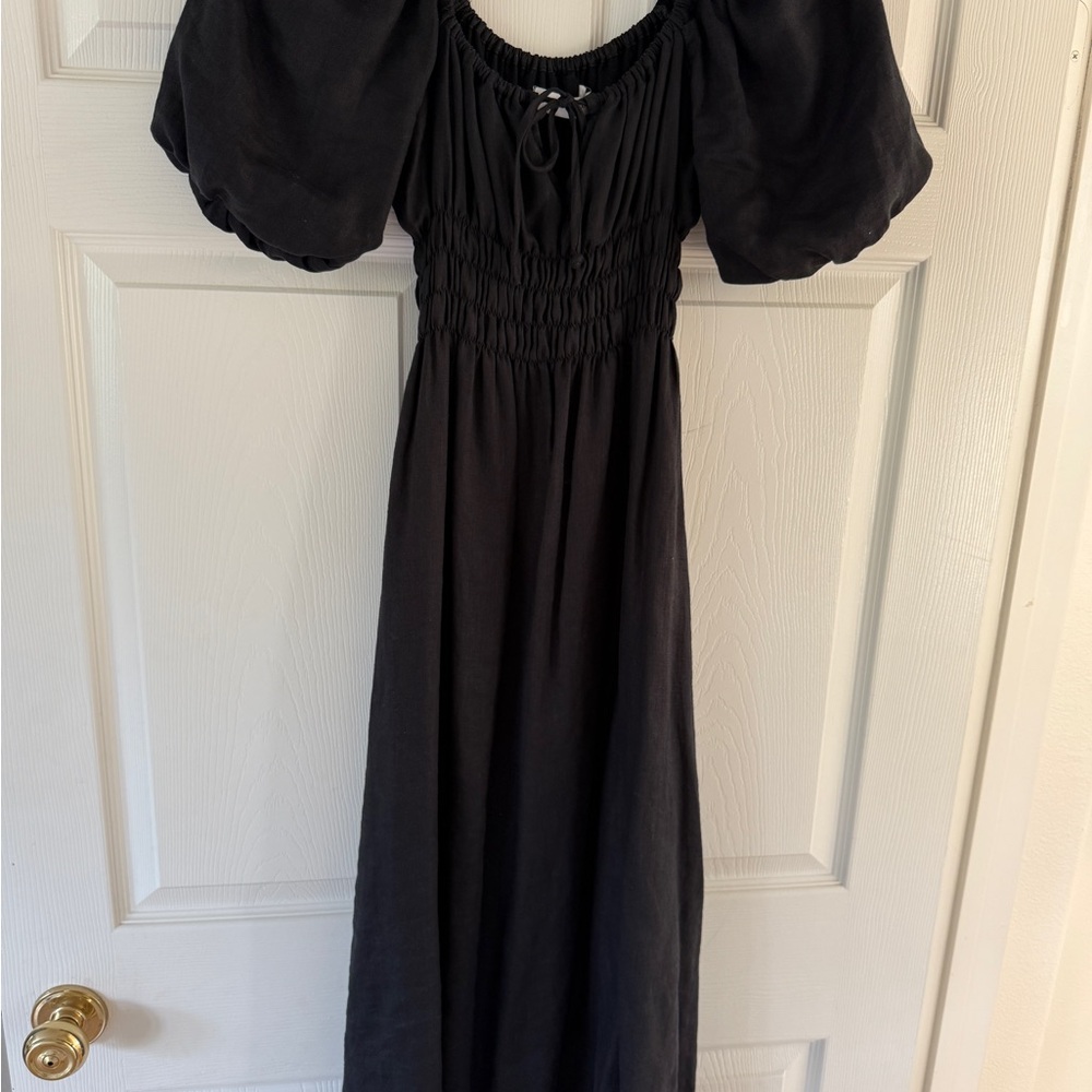 Faithfull the Brand Black Puff-Sleeve Smocked Waist Maxi Dress